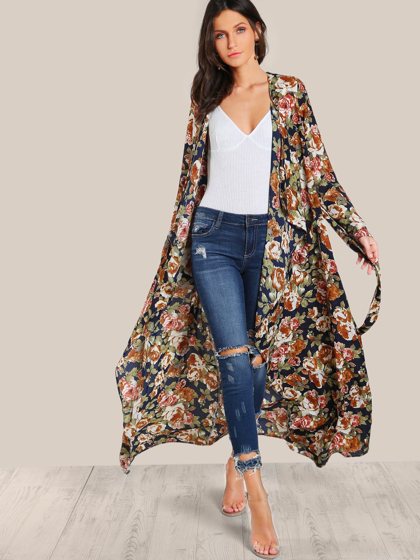 Waterfall Lapel Flap Back Duster Coat | SHEIN