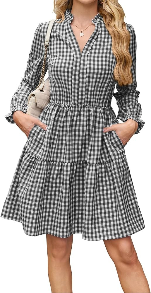 Theenkoln Womens Casual Midi Dress: Short Sleeve V-Neck Empire Waist Gingham Spring Fashion Long ... | Amazon (US)