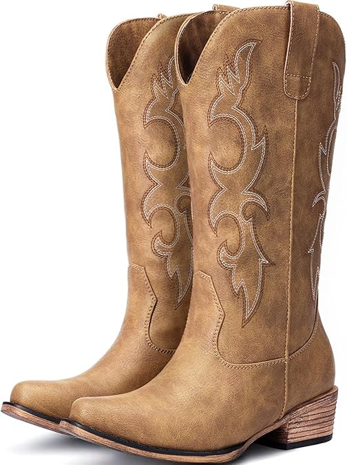 Cowboy Boots for Women - Embroidered Cowgirl Boots Western Mid Calf Fashion Chunky Heel Pointed T... | Amazon (US)