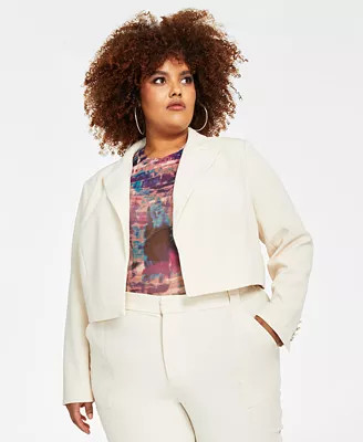 Nina Parker Trendy Plus Size Printed Cropper Blazer, Sheer Mesh Top & Printed Wide-Leg Pants & Re... | Macys (US)