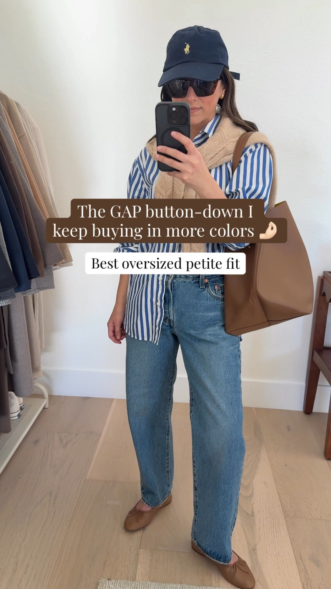 Spring outfit ideas. Love this oversized button down- I have several colors/prints. It’s perfectly oversized without overwhelming petites. 

Gap big shirt petite xs
Levi's 90's ankle jeans 25
Mansur Gavriel tote
Loeffler Randall flats 5
Polo Ralph Lauren hat
Celine sunglasses
Quince earrings
Filoro Cashmere sweater small - old

Petite style, Jeans, spring outfits, spring style 

#LTKootd #LTKPetite #LTKmomlife