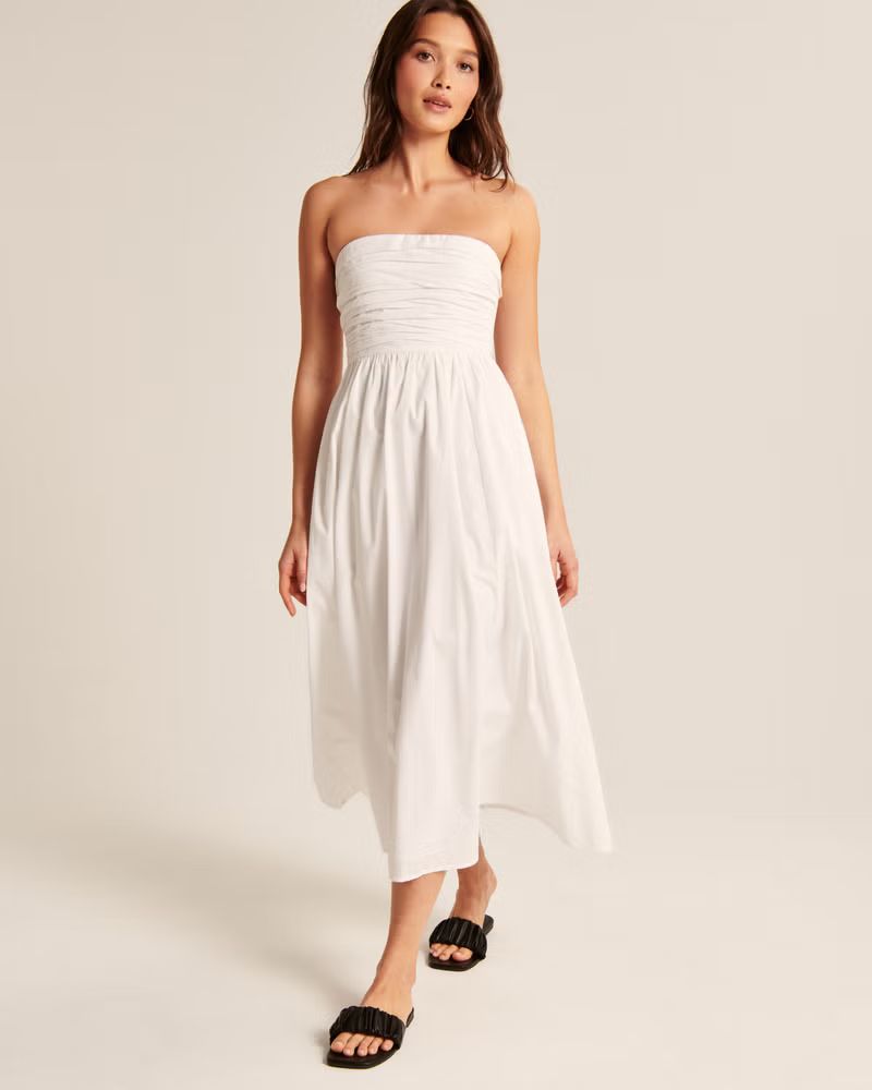 Women's Poplin Strapless Midi Dress | Women's New Arrivals | Abercrombie.com | Abercrombie & Fitch (US)