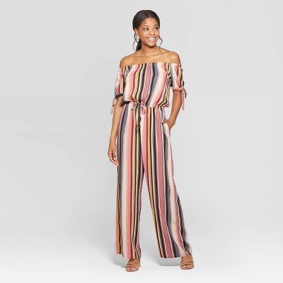 Women's Striped Short Tie Sleeve Off the Shoulder Jumpsuit - Xhilaration™ Gray/Mauve | Target