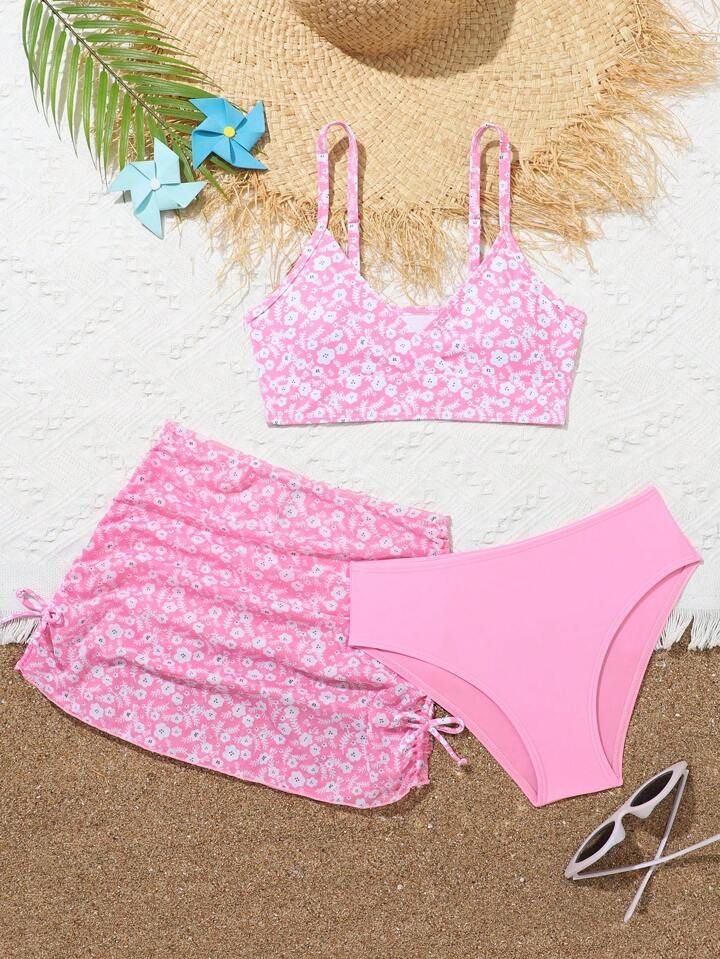 3pcs/Set Tween Girls' Random Floral Print Bikini Swimsuit Set | SHEIN