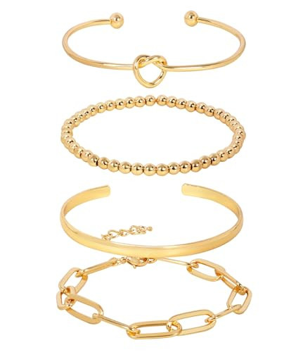Yowivon Gold Bracelet Set Adjustable Cuff Bangles Paperclip Beaded Bracelet Stack Tarnish Free Gold Plated Stackable Bracelets Fashion Jewelry Gifts for Women | Amazon (US)