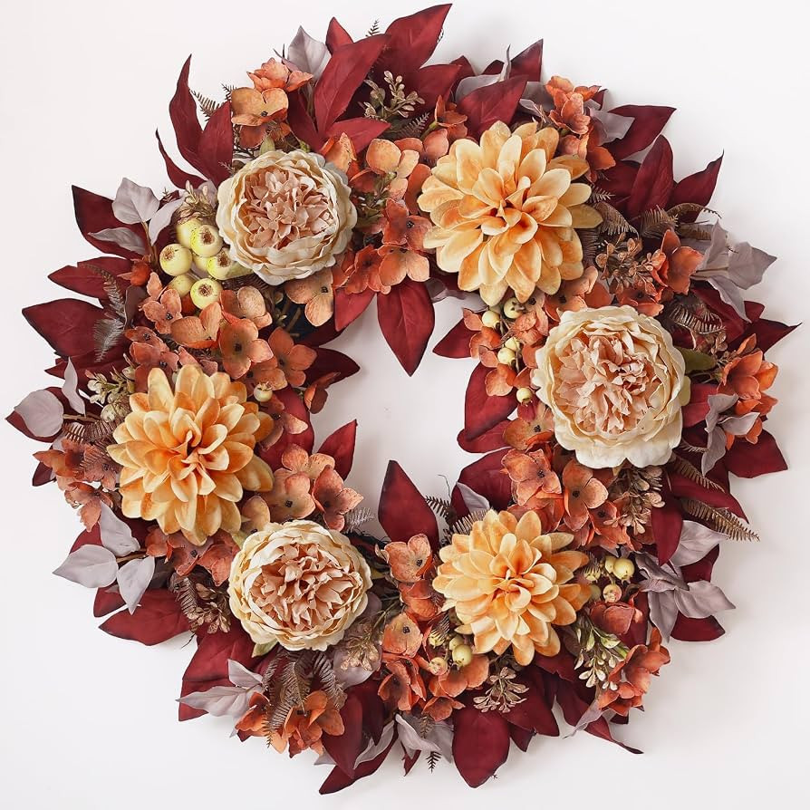 24" Fall Artificial Peony Dahlia Flower Wreath for Front Door Decor(Orange) | Amazon (US)