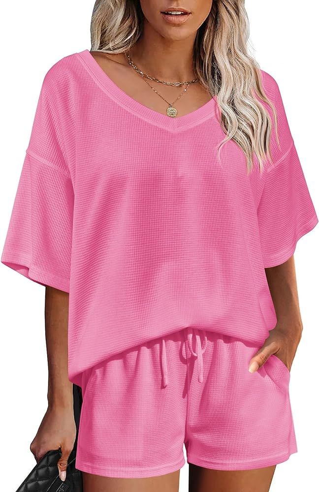 Ekouaer Womens 2 Piece Pajama Set Short Sleeve Waffle Knit V Neck Off Shoulder Casual Loose Fit S... | Amazon (US)