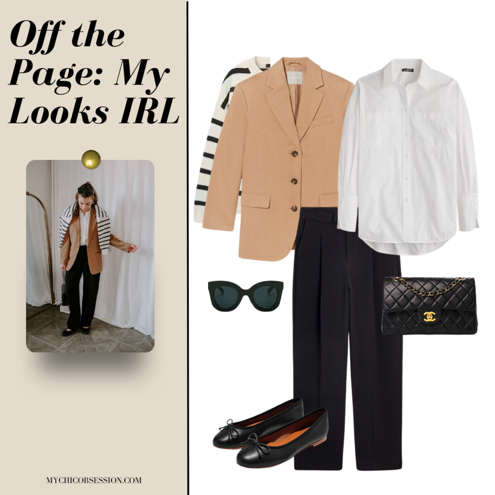 In need of a classic outfit idea? Get inspired by this outfit collage come to life. I love these dress pants from Madewell - they are loose yet classy. I’m wearing a size 4 but a 2 would better for a higher waist and tighter fit. The Margaux ballet flats are an investment, but the leather is great. I’m a shoe size 10 and I’m wearing a 9.5-10 wide width.  Sezane button down (similar photo in graphic) is a nice staple. The black sunglasses are affordable but look very classy. My blazer and striped sweater are out of stock, so I used and linked similar ones!

#LTKworkwear #LTKstyletip #LTKover40