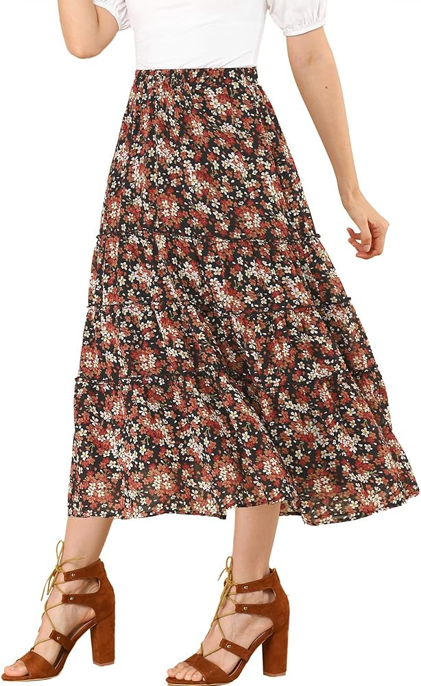 Allegra K Women's Floral Skirt Chiffon A-line Long Tiered Ruffle Boho Summer Midi Skirts | Amazon (US)