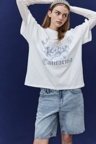 Oversized Motif-detail T-shirt - Cream/Los Angeles - Ladies | H&M US | H&M (US + CA)