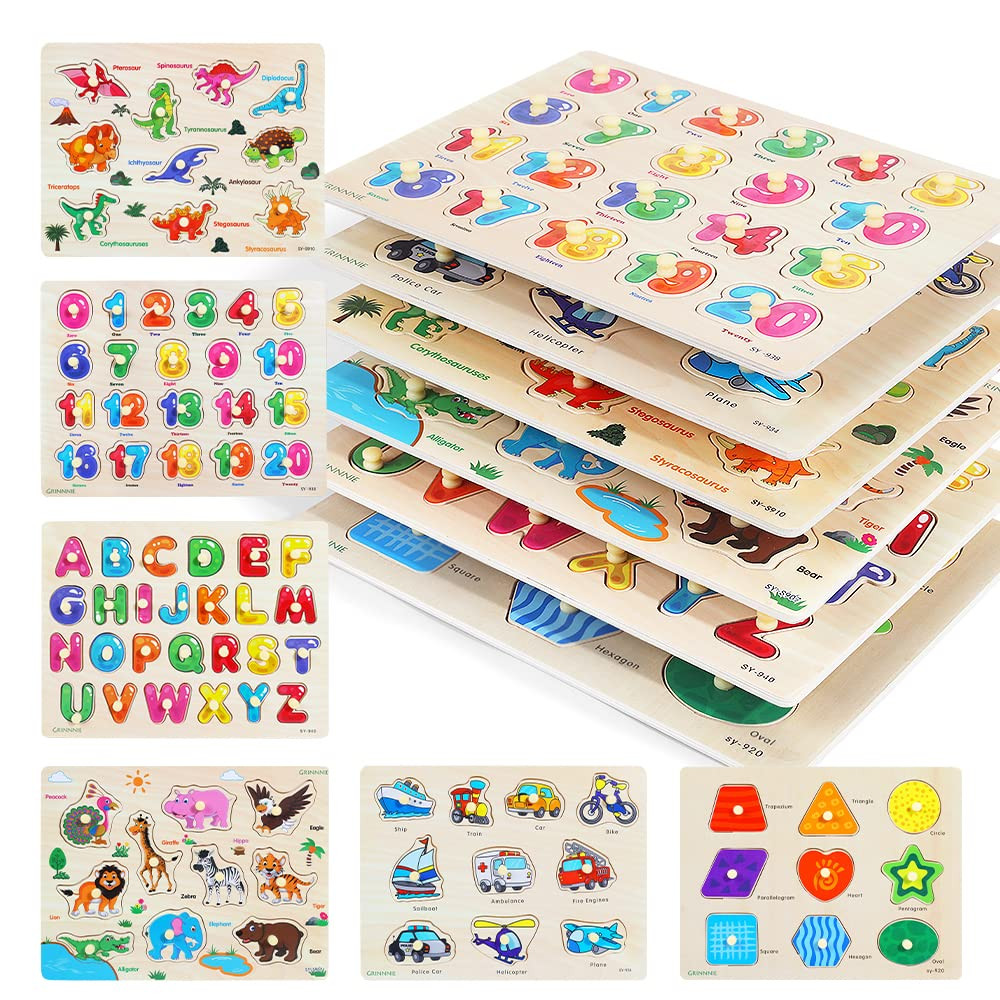 GRINNNIE Wooden Peg Puzzle for Toddlers, 6 Pack Toddler Puzzles Set for 3 4 5 Years Old (Alphabet... | Amazon (US)
