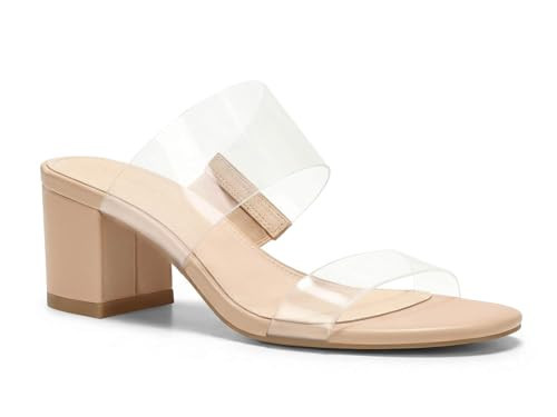 Coutgo Women's Clear Heeled Sandals Transparent Two Strap Chunky Block Heels Mules Open Toe Slip On Dress Shoes, Khaki, Size 6.5 | Amazon (US)