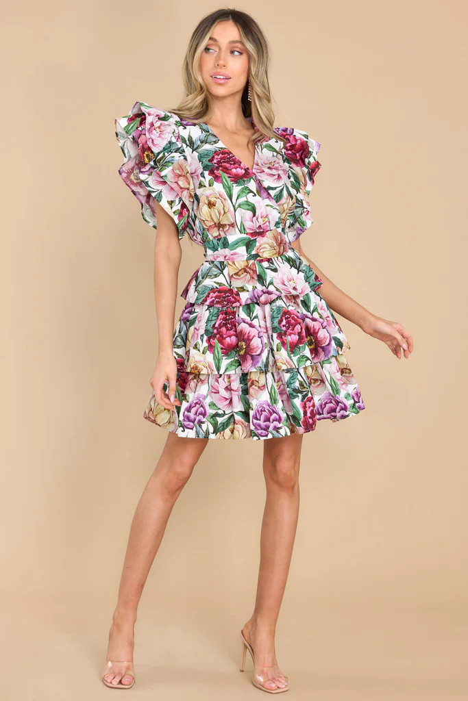 Garden Goddess Ivory Floral Print Dress | Red Dress 