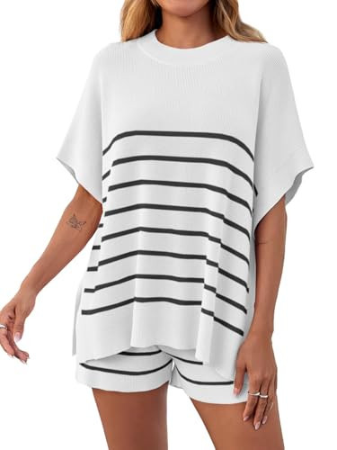 Fisoew Women's Striped 2 Piece Outfits Oversized Batwing Short Sleeve Tops High Waisted Shorts Summer Knit Lounge Short Sets White | Amazon (US)