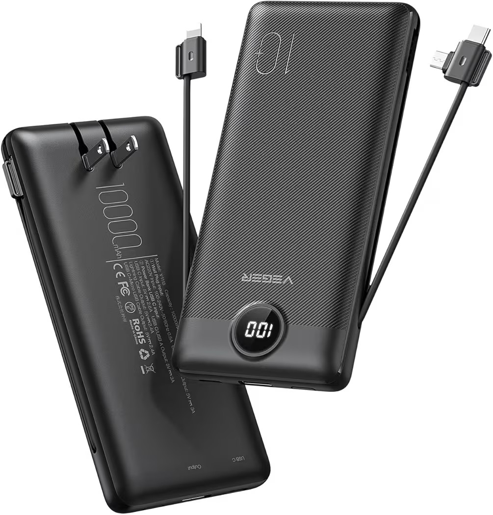 VEGER Portable Charger for iPhone Built in Cables and Wall Plug, 10000mah Slim Fast Charging USB ... | Amazon (US)