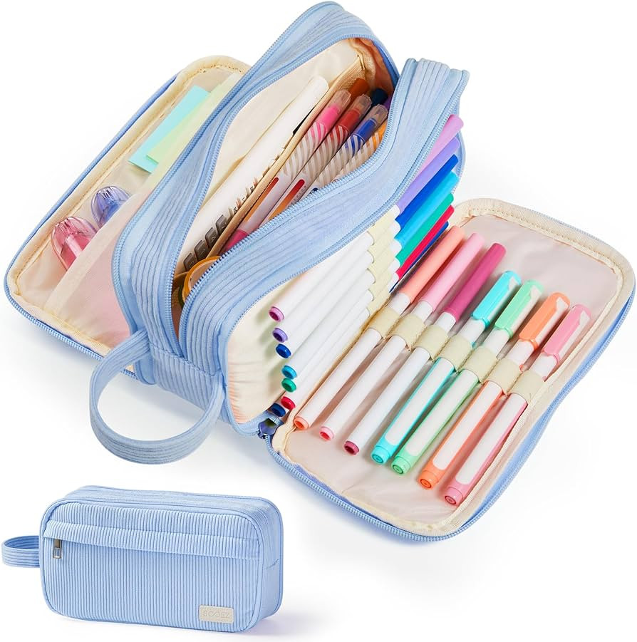 Sooez High Capacity Pencil Case, Soft Corduroy Pencil Pouch with 4 Compartments, Multiple Pockets... | Amazon (US)