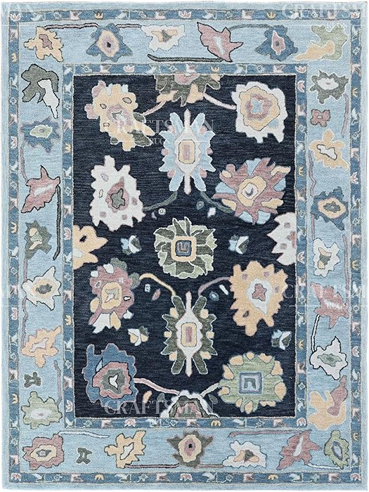 Traditional Dark Blue Floral Area Rug – Light Blue Border, Handcrafted Vintage Style Carpet for... | Amazon (US)