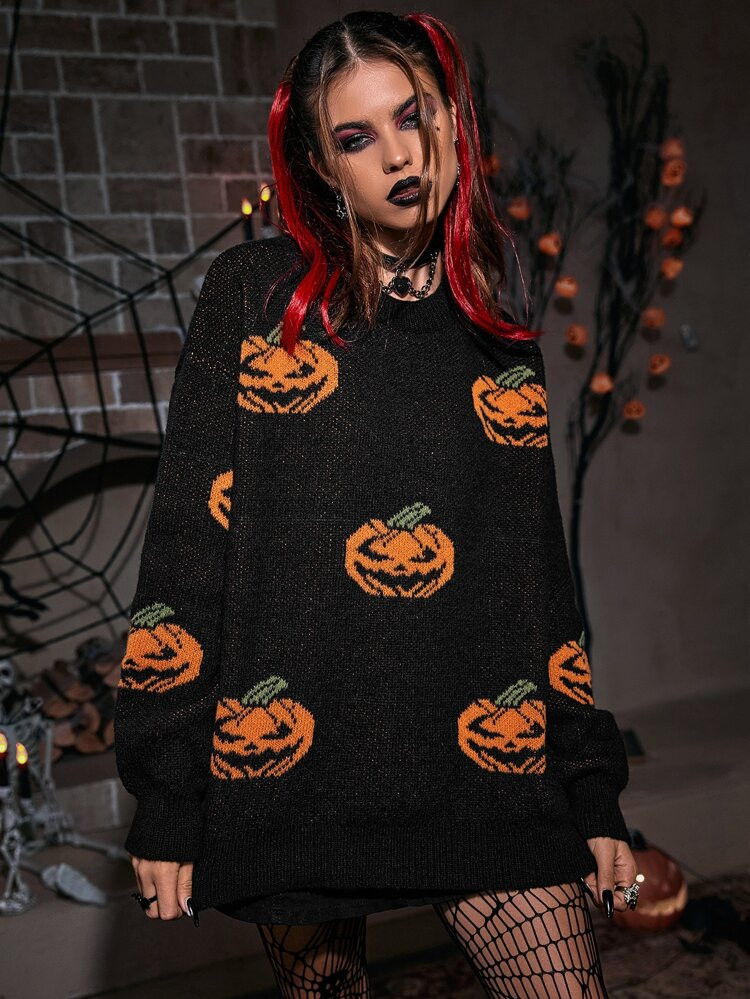 Halloween Pumpkin Pattern Drop Shoulder Sweater | SHEIN