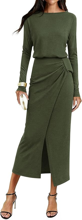 KIRUNDO Women’s Cocktail Wedding Guest Maxi Dress Lightweight Long Sleeve Boat Neck Knit Ruched... | Amazon (US)