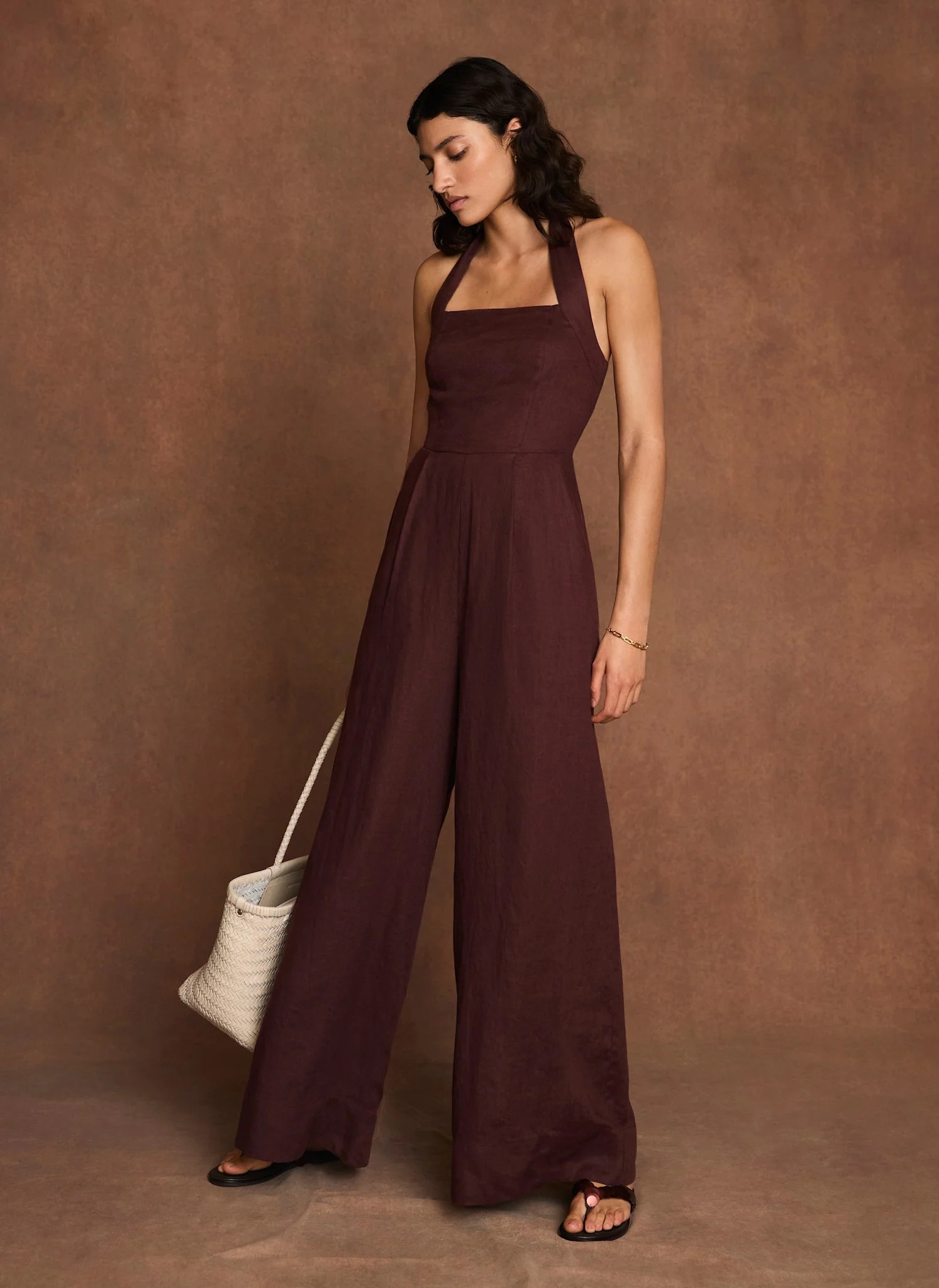 Burgundy Linen Halter Jumpsuit | Mint Velvet
