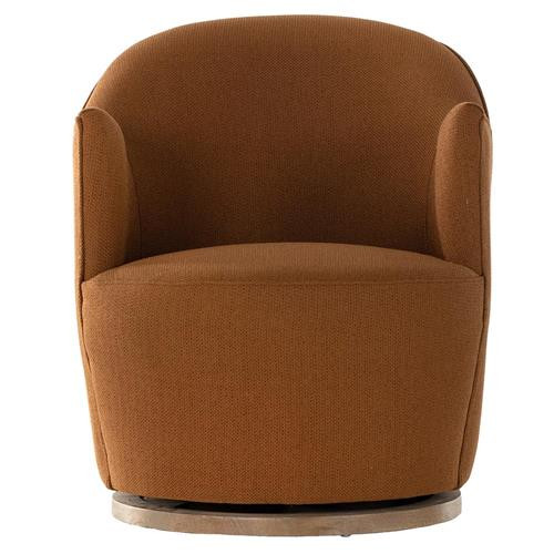 Samuel French Country Brown Upholstered Wood Swivel Arm Chair | Kathy Kuo Home