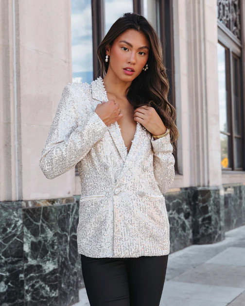 Friday Spotlight Pocketed Sequin Pearl Embellished Blazer - Silver | VICI