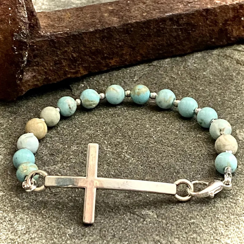 Side Cross Religious Beaded Bracelet, Sideway Cross, Powder Blue Turquoise, Inspirational, Faith,... | Etsy (US)