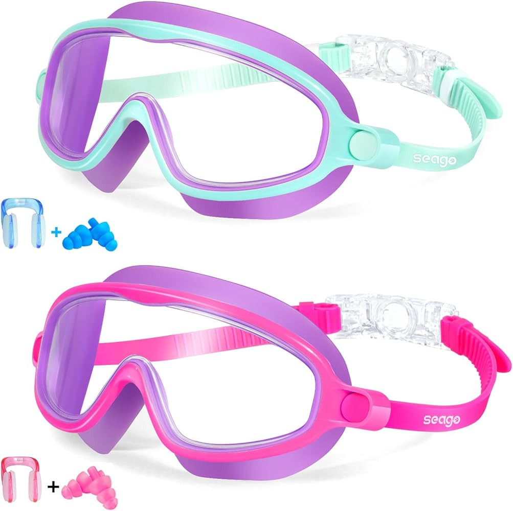Seago Swim Goggles 2 Pack Anti-Fog Anti-UV Wide View Swimming Goggles for Kids 3-15 | Amazon (US)