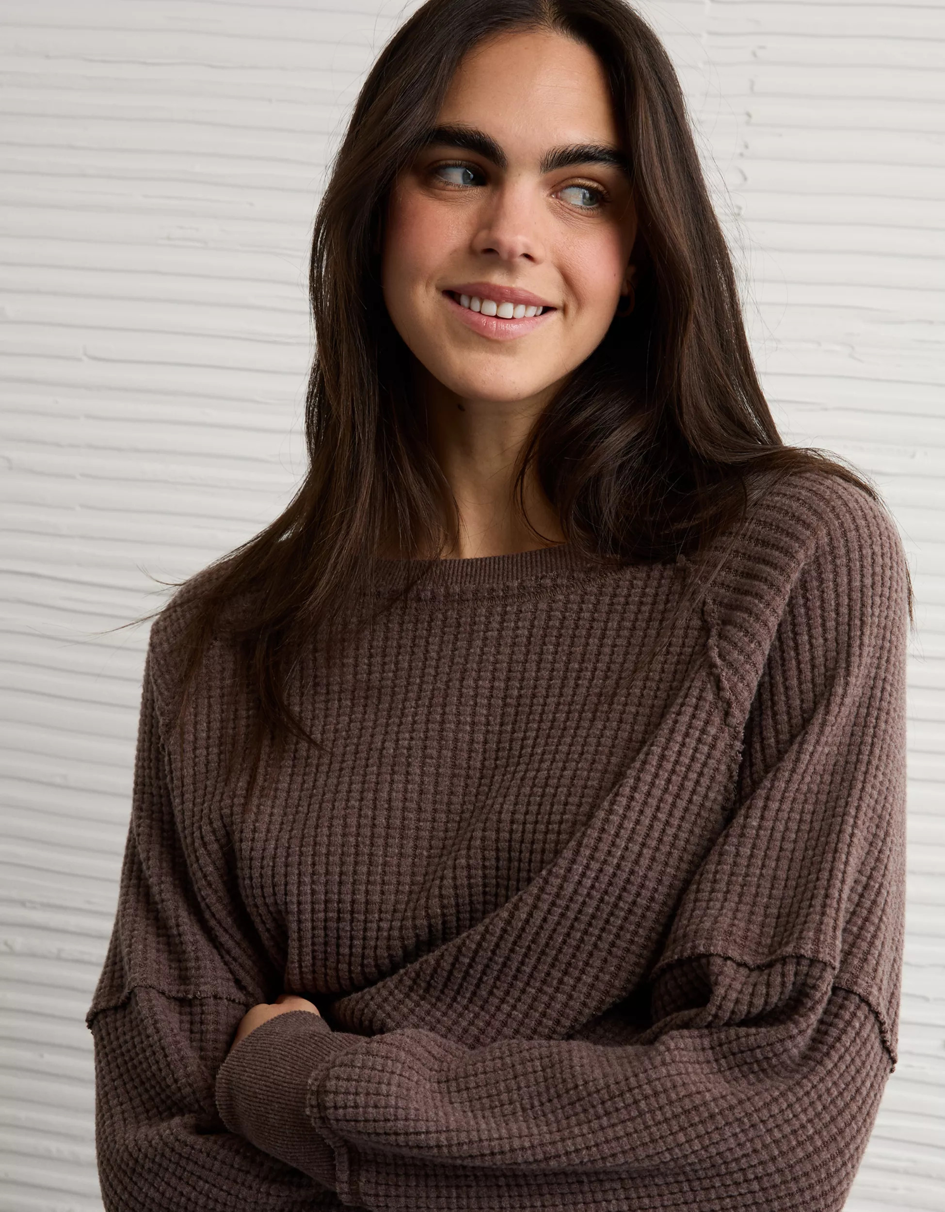 AE Big Hug Off-The-Shoulder Waffle Sweatshirt | American Eagle Outfitters (US & CA)