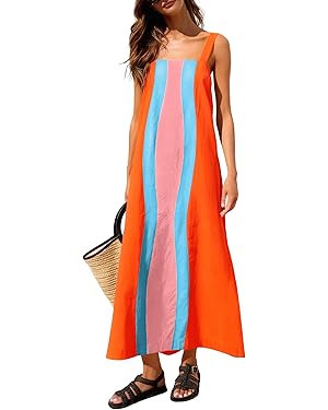 Ailoqing 2026 Women Boho Floral Dress Summer Casual Color Block Maxi Beach Vocation Overall Dress... | Amazon (US)