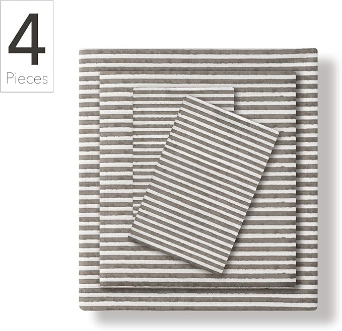 Nate Home by Nate Berkus 200TC 4-Piece Cotton Percale Printed Stripe Sheet Set | Cool Breathable ... | Amazon (US)