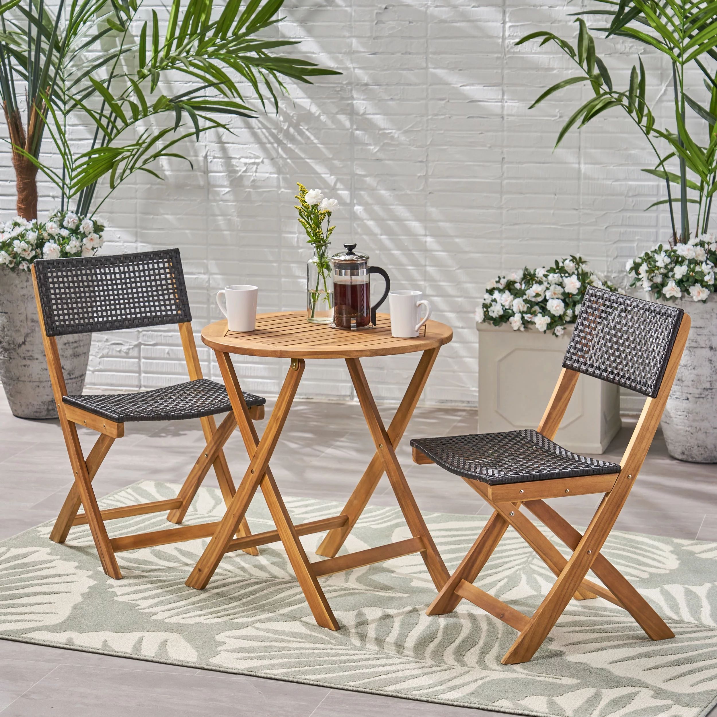 Maison Outdoor 3 Piece Wood and Wicker Foldable Bistro Set, Teak and Brown - Walmart.com | Walmart (US)