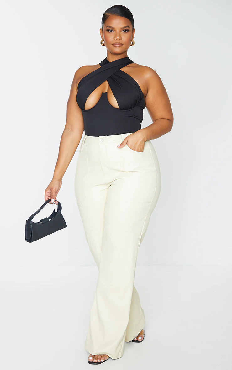 Plus Black Woven Cross Front Underwired Bodysuit | PrettyLittleThing UK