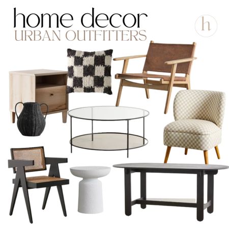 urban outfitters home decor 

checker pillow, leather accent chair, black dining table, white pedestal side table, black and cane chair, round coffee table, light wood nightstand, rattan vase, home decor 

#LTKHalloween #LTKunder100 #LTKhome