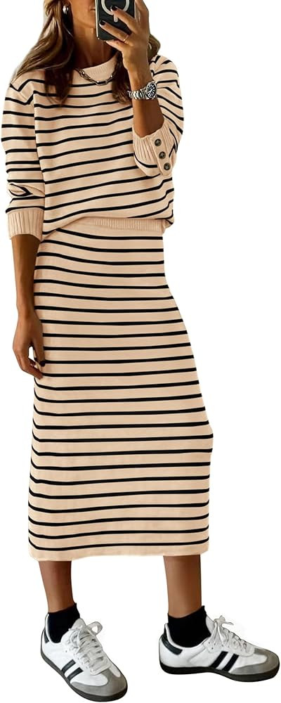 PRETTYGARDEN Women's 2 Piece Striped Sweater Set Casual Fall Long Sleeve Knit Pullover Midi Skirt... | Amazon (US)