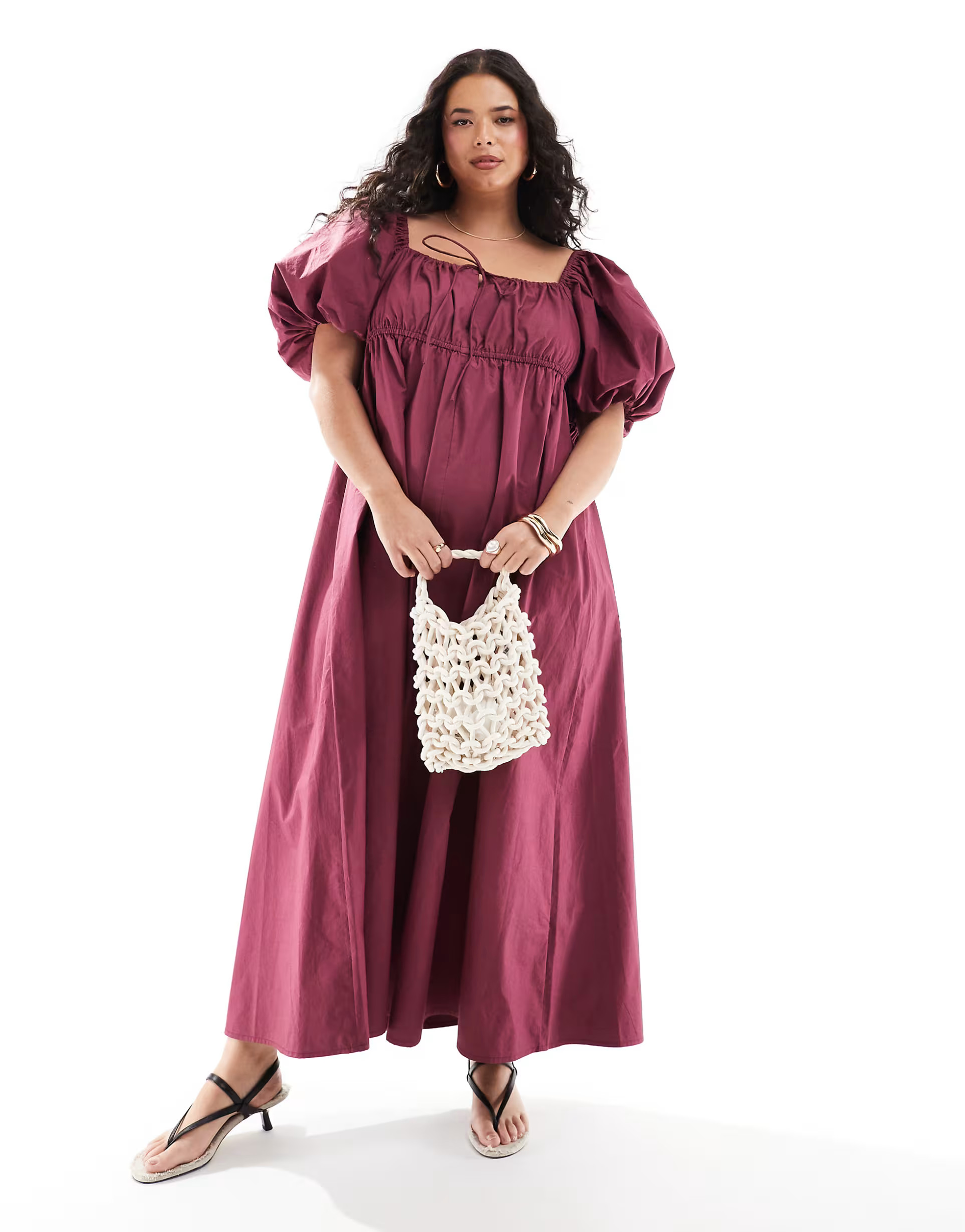 ASOS DESIGN Curve puffed sleeve smock midi dress in burgundy | ASOS (Global)