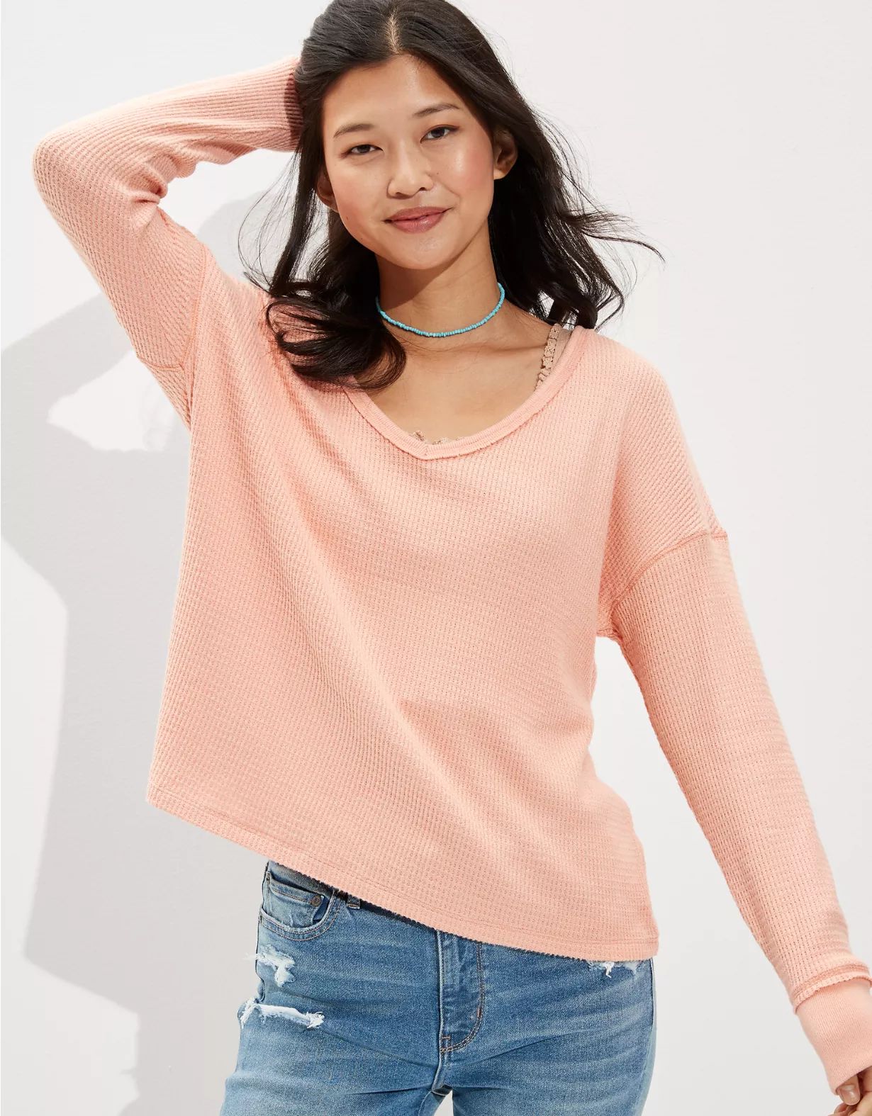 AE Soft & Sexy Plush Long-Sleeve V-Neck T-Shirt | American Eagle Outfitters (US & CA)