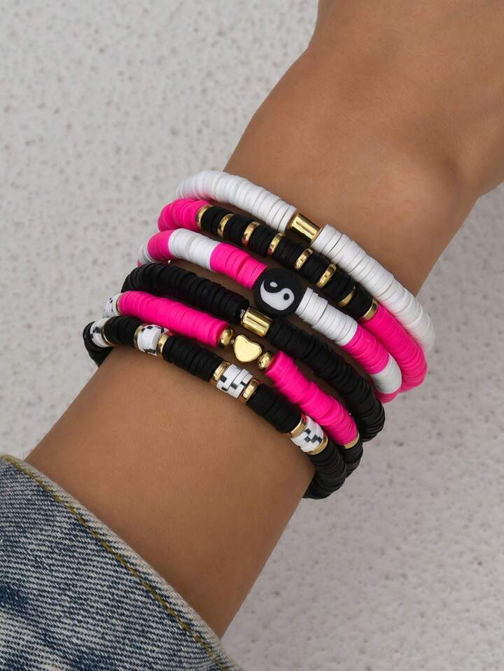 6pcs/Set Fashionable Random Soft Pottery Heart & Bagua Beaded Decor Bracelet Set For Women's Dail... | SHEIN