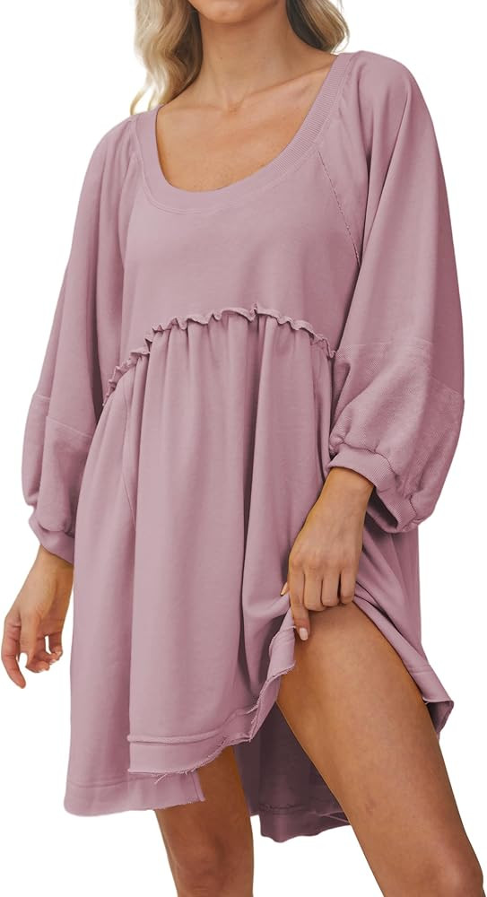 MISSACTIVER Women’s Oversized Patchwork Pullover Sweatshirt Dress Loose Lantern Sleeve Scoop Ne... | Amazon (US)