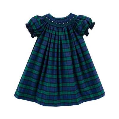 Hamilton Plaid Navy & Green Smocked Corduroy Trim Bishop Dress | Classic Whimsy