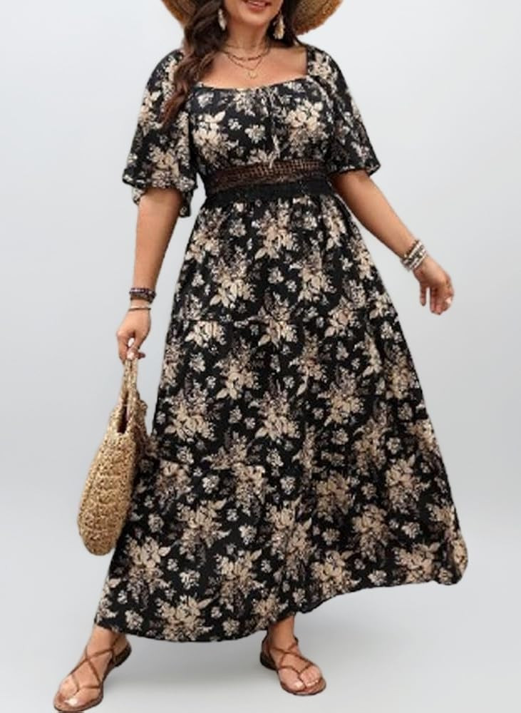 BSLVWG Damen Kleider Casual Plus Size B\u00f6hmisch Quadratischer Ausschnitt Kurzarm Blumendruck ... | Amazon (DE)