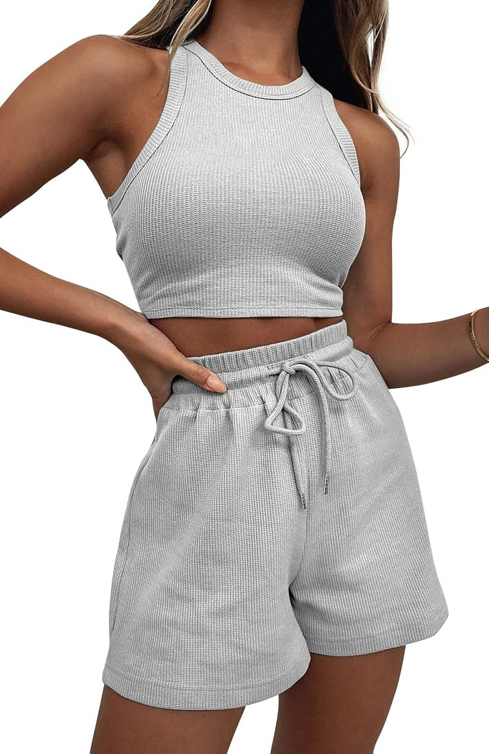 KDF Two Piece Lounge Sets for Women, Sleeveless Crop Top and Shorts Two Piece Outfits for Women S... | Amazon (US)