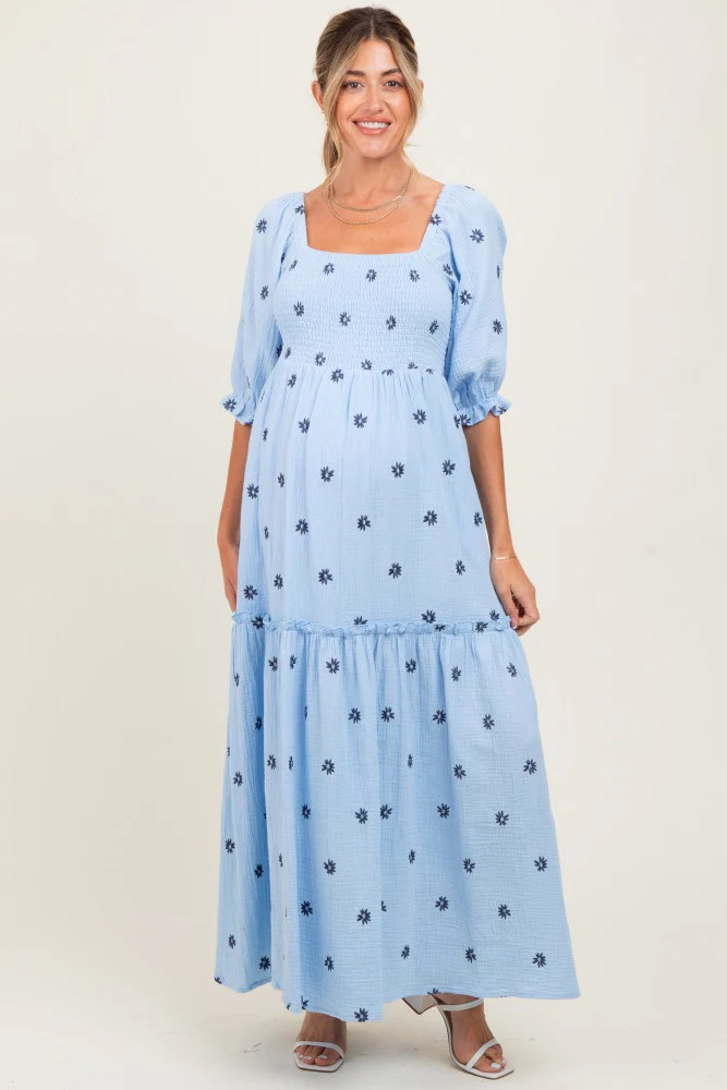 Light Blue Floral Smocked Puff Sleeve Maternity Maxi Dress | PinkBlush Maternity