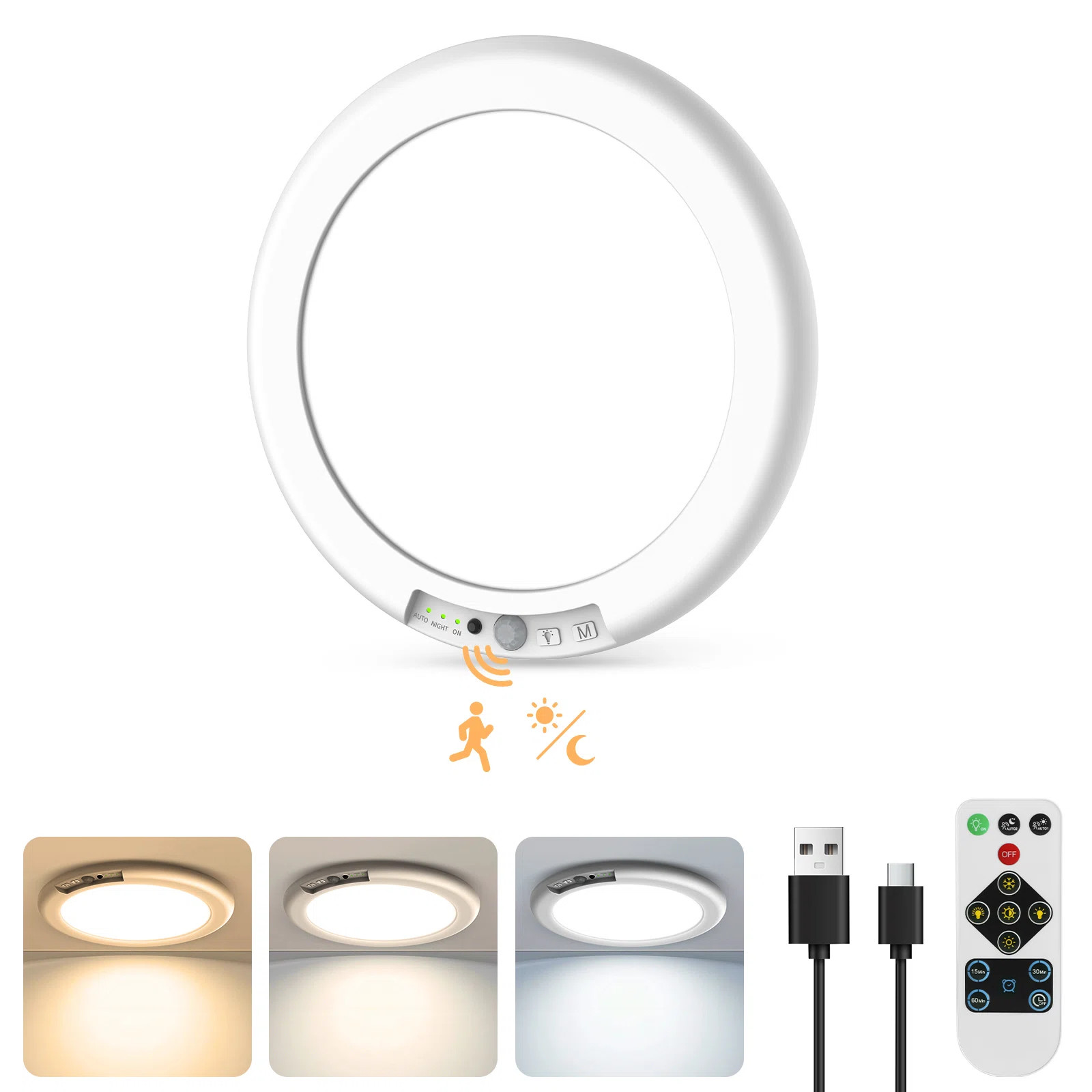 Rechargeable Motion Sensor LED Ceiling Light with Remote, 4000mAh Battery, 3 Colors, Dimmable, US... | Wayfair North America
