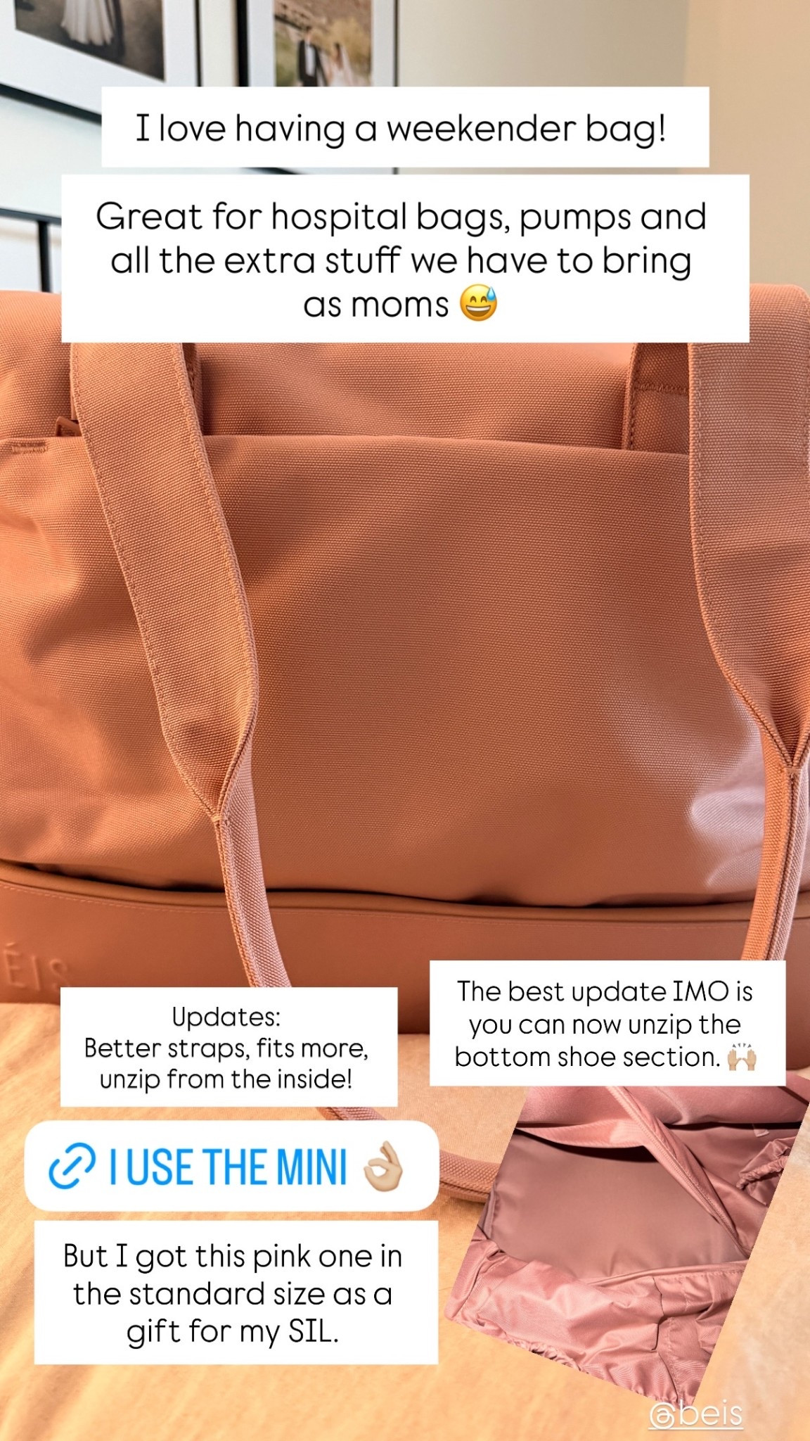 @beis  The best update IMO is you can now unzip the bottom shoe section. 🙌🏼 Updates:
Better straps, fits more, unzip from the inside!  But I got this pink one in the standard size as a gift for my SIL.  I love having a weekender bag! 

Great for hospital bags, pumps and all the extra stuff we have to bring as moms 😅