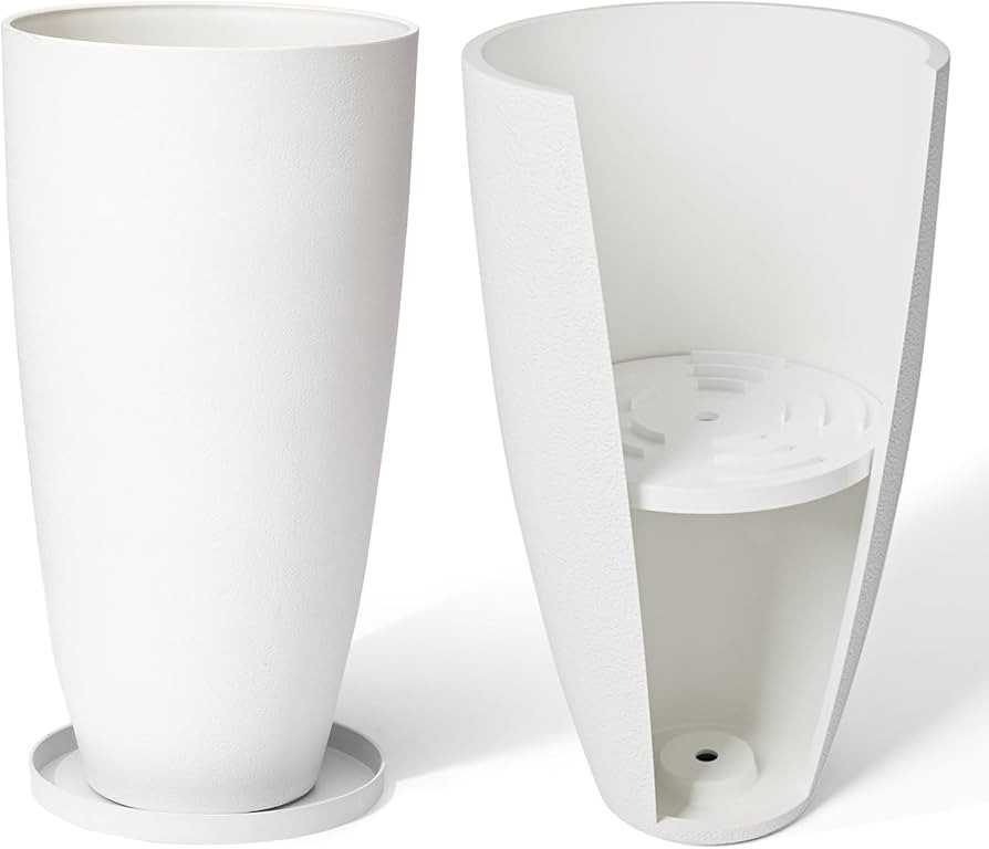 LA Jolie Muse 27 Inch Tall White Planters,Set of 2 Tall Round Planters for Indoor Plants with Tra... | Amazon (US)