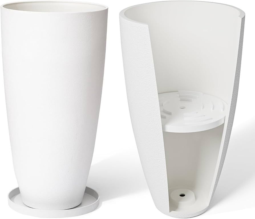 LA Jolie Muse 27 Inch Tall White Planters,Set of 2 Tall Round Planters for Indoor Plants with Tra... | Amazon (US)