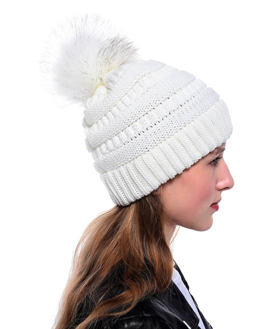 Go Casual Women's Beanies White - White Knit-Stripe Faux Fur Pom-Pom Beanie | Zulily