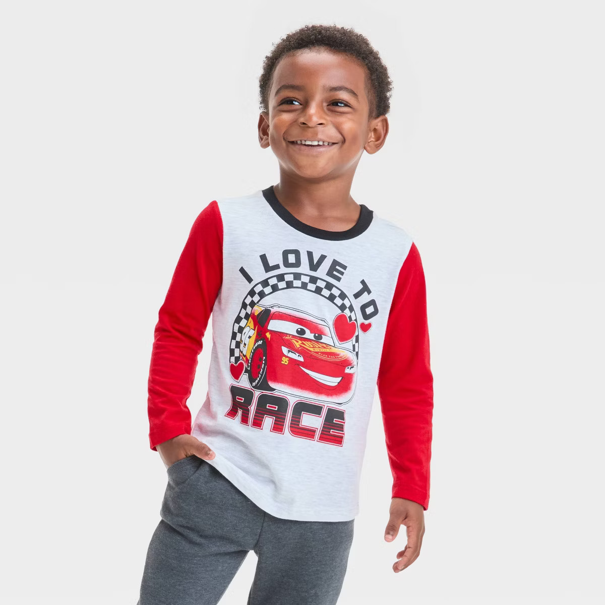 Toddler Boys' Disney Cars Lightning McQueen Valentine's Long Sleeve T-Shirt - Gray | Target