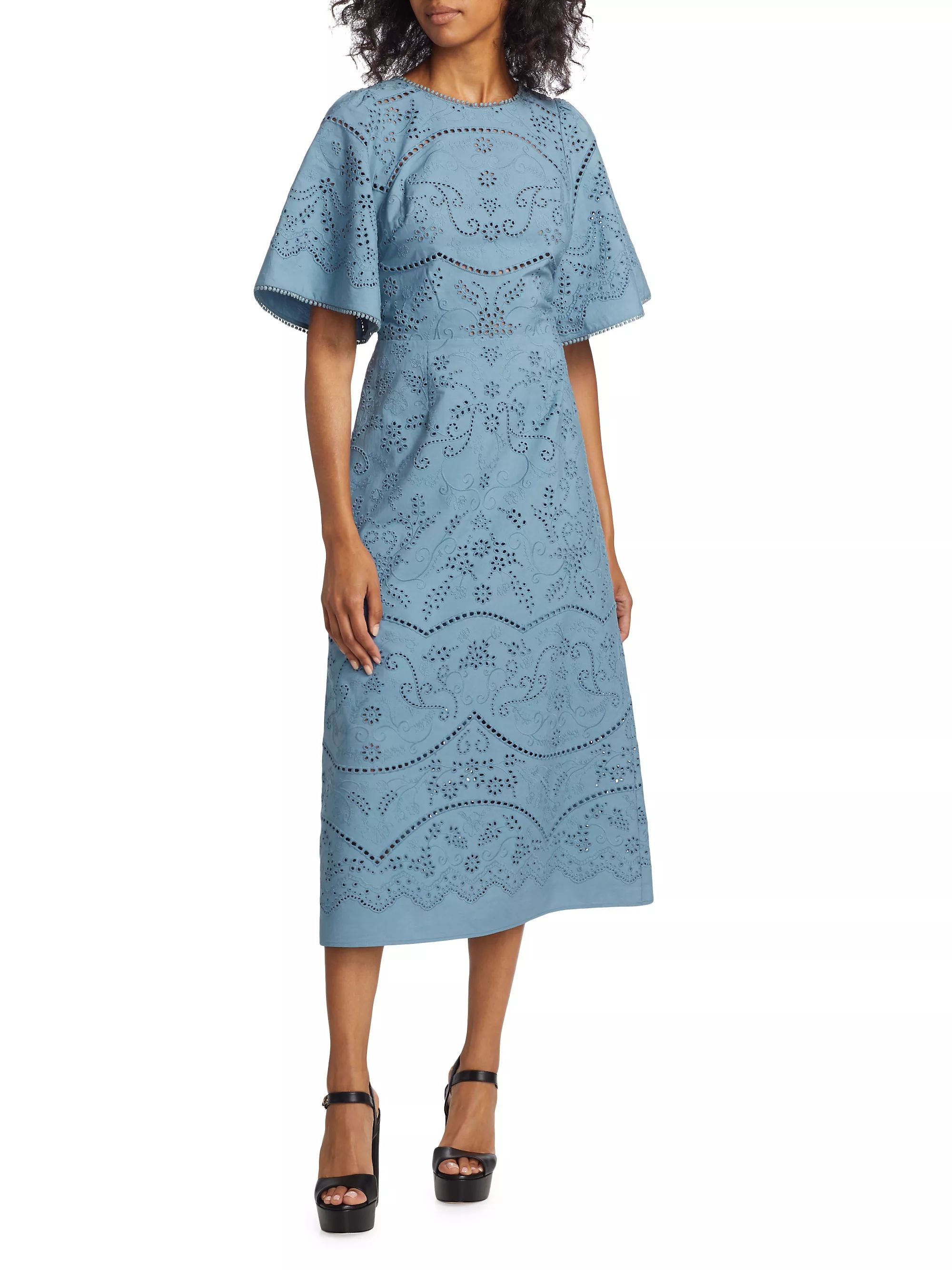 Marchesa Rosa Dhalia Embroidered Cotton Midi-Dress | Saks Fifth Avenue